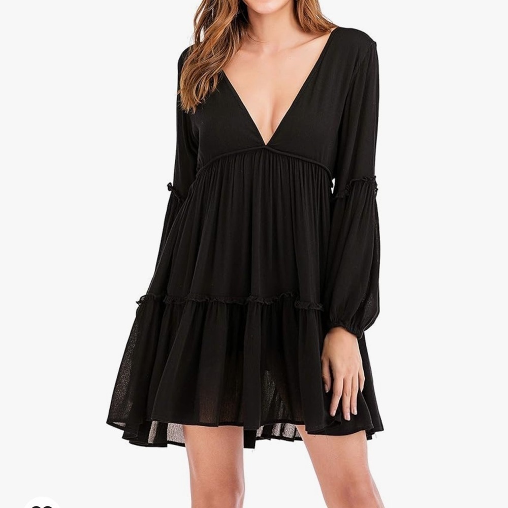 NWT R.Vivimos Women's Long Sleeve Ruffle Deep V Neck Backless Casual Swing Dress